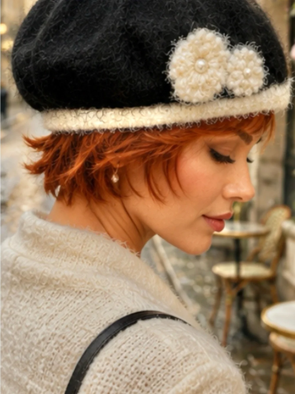 Slouch Beret Beanie Hat Designer “ Hand Knits 2 Love” Flowers Pearl Black White